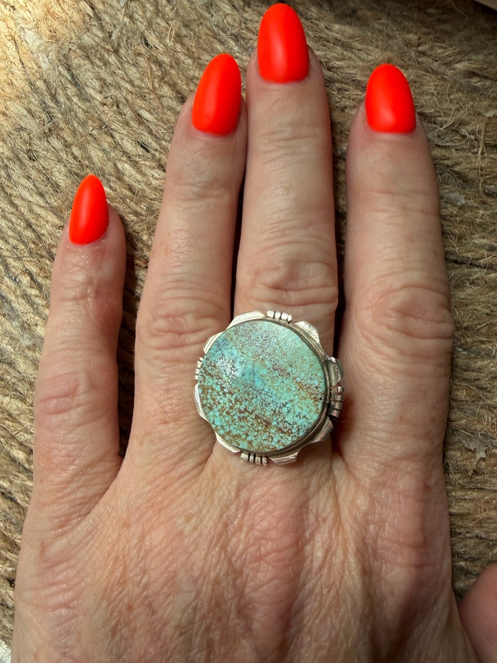 Ben Begay Number 8 Turquoise Stone Statement Ring - Blue-Green Round Cabochon - Picture 4 of 5